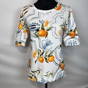 Chico’s Oranges on Branch CottonTop Sz 0 or Small Elbow Length Sleeves